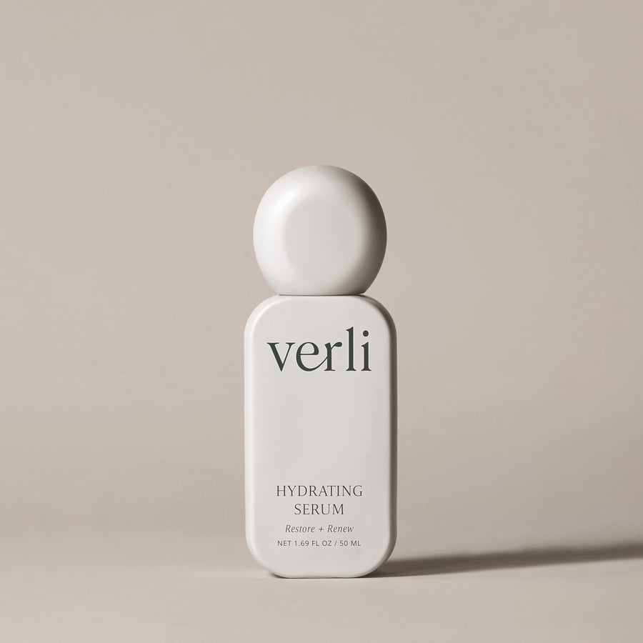 Verli hydrating serum bottle on a beige background