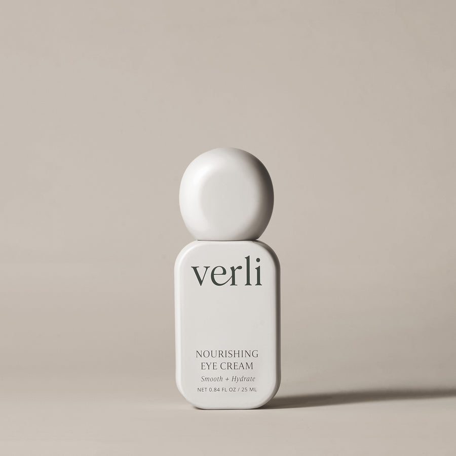 Verli nourishing eye cream bottle on a beige background