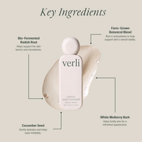 Verli Gentle Daily Cleanser with key ingredients listed on a beige background