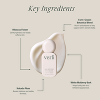 Verli eye cream bottle with key ingredients listed on a beige background