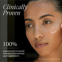 Woman applying cream to her face with text claiming clinical proven hydration benefits.