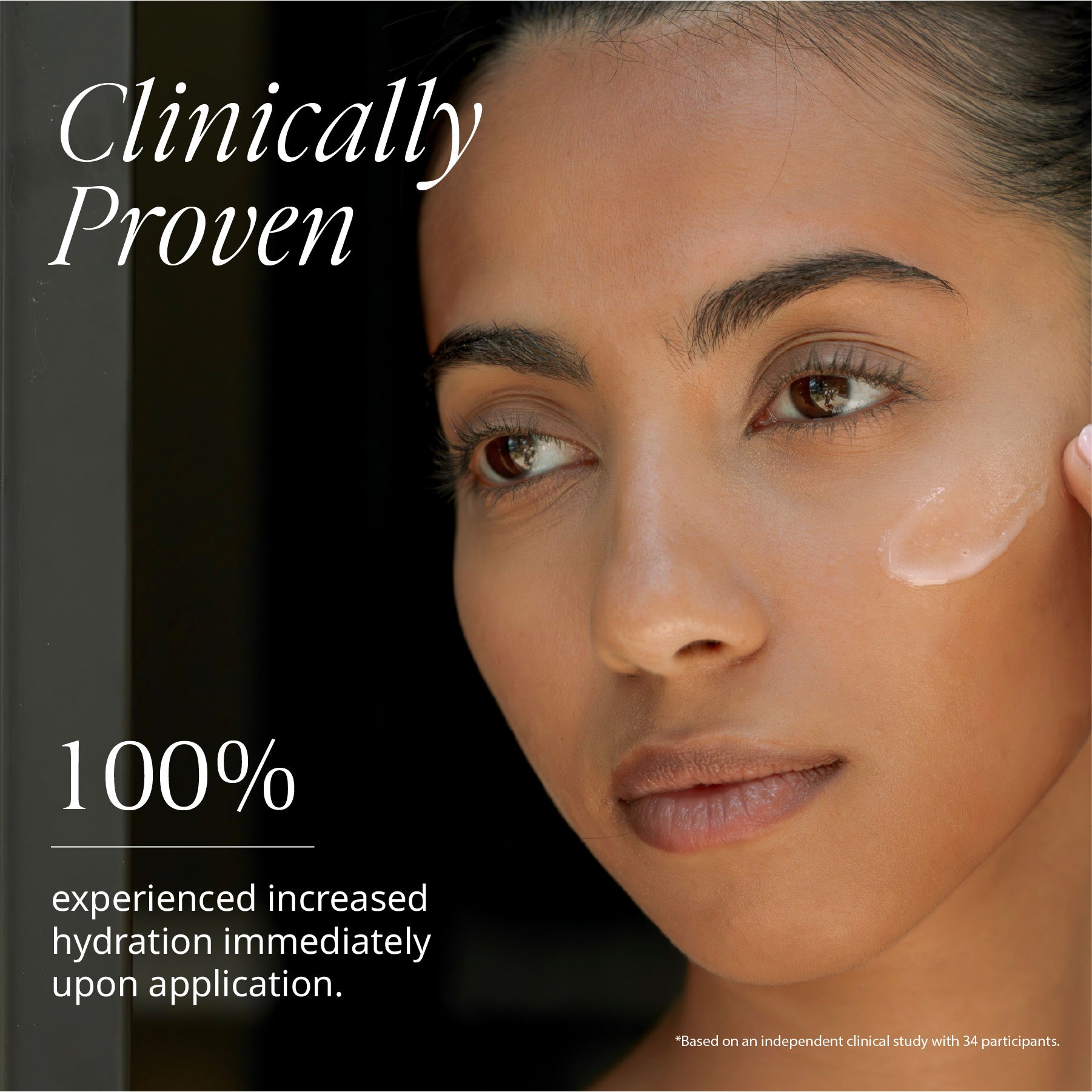 Woman applying cream to her face with text claiming clinical proven hydration benefits.