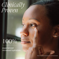 Woman applying cream to her face with text about clinically proven increased hydration.