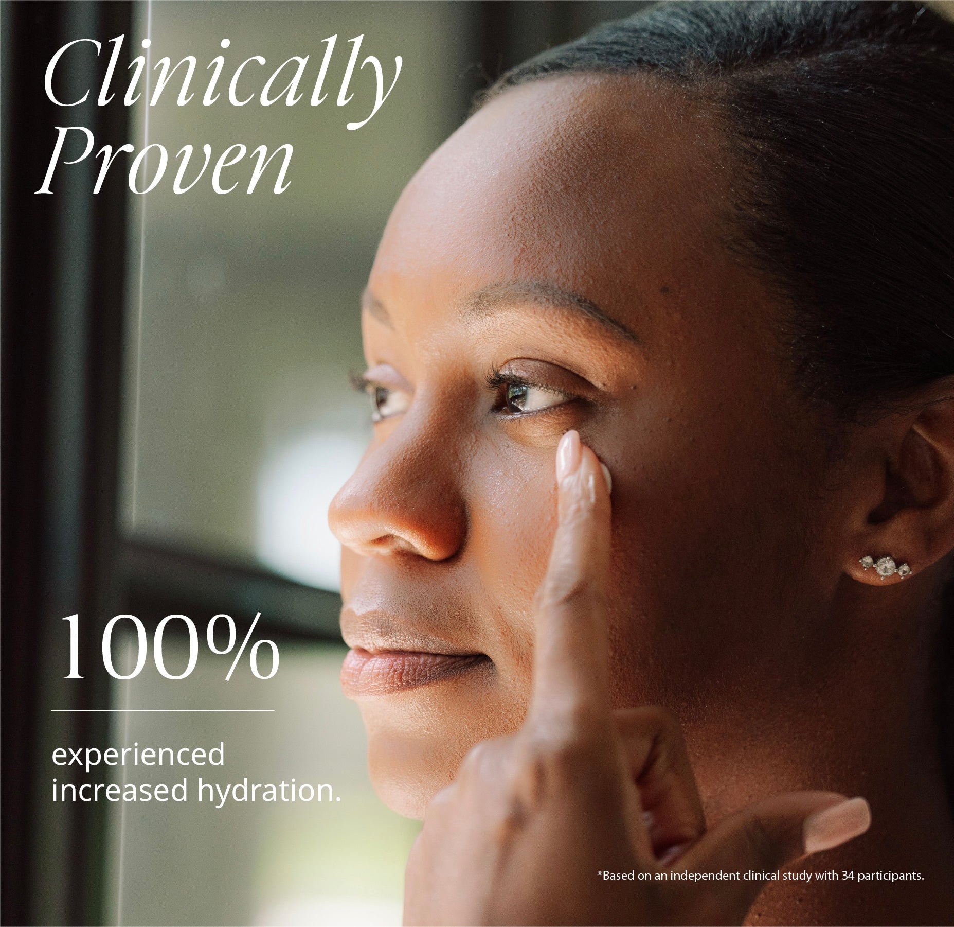 Woman applying cream to her face with text about clinically proven increased hydration.