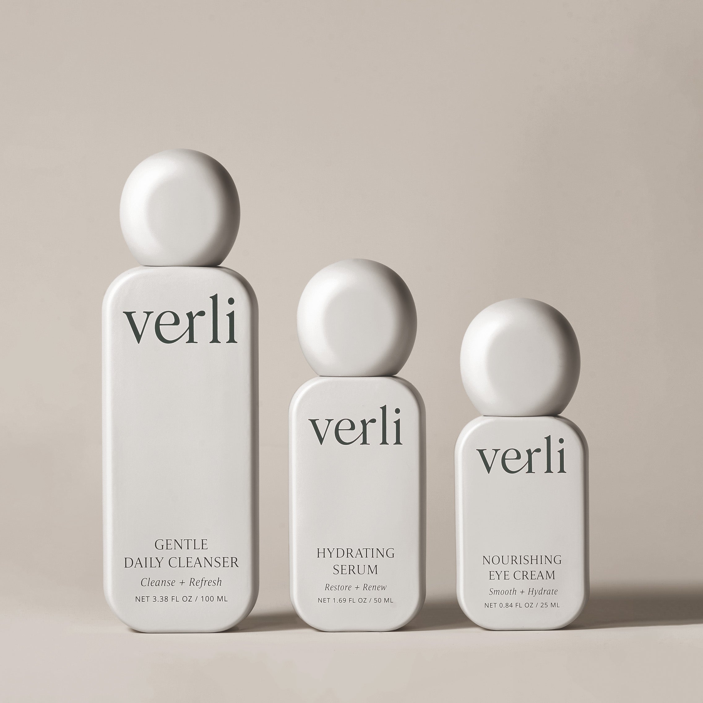 Three Verli skincare products on a beige background