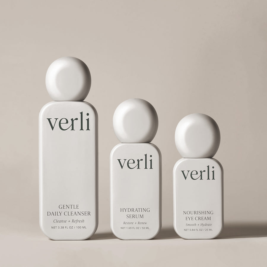 Three Verli skincare products on a beige background